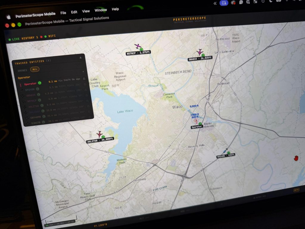 A monitor showing the PerimeterScope map around Lake Waco with several tracked markers.