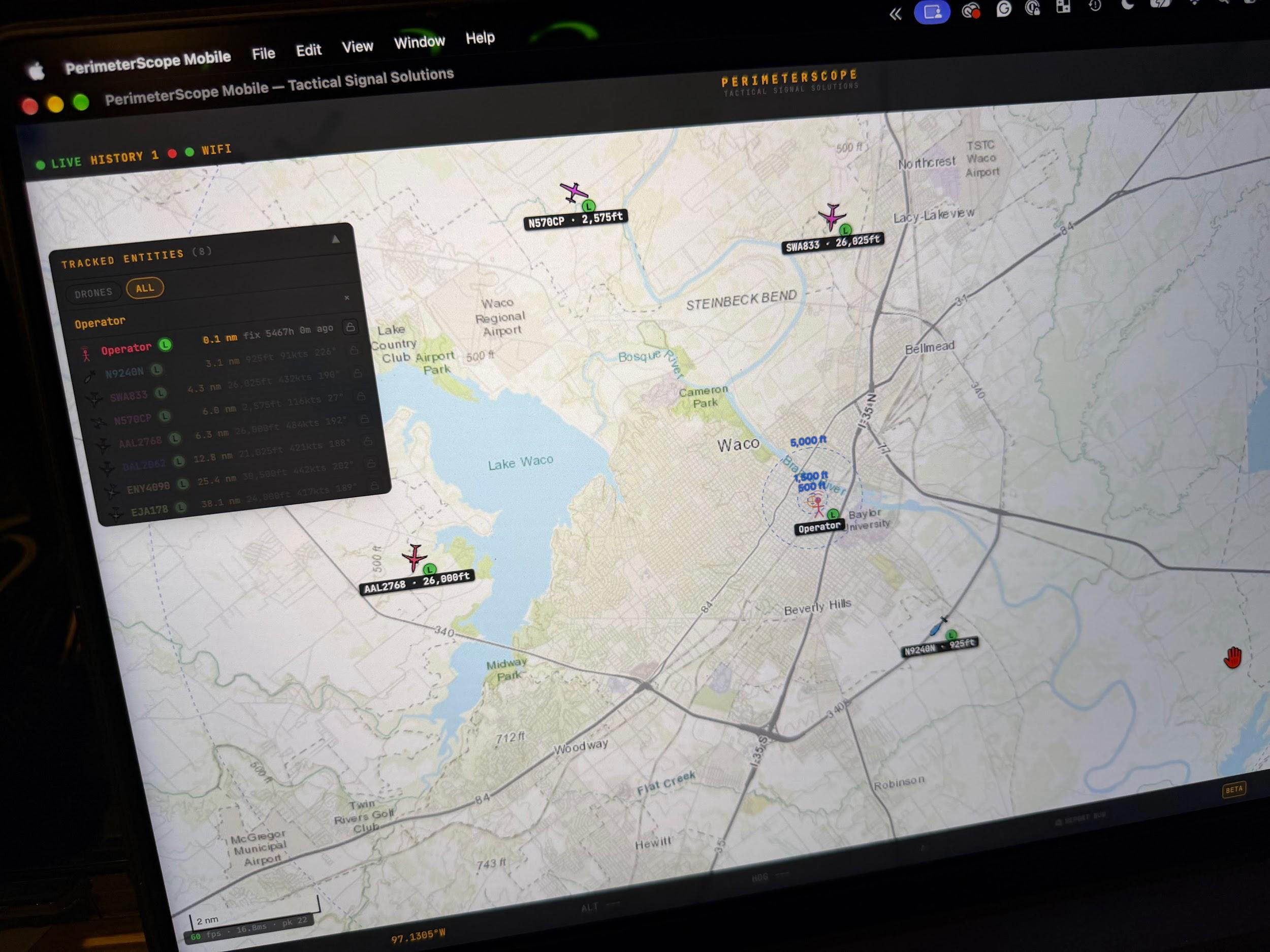 A monitor showing the PerimeterScope map around Lake Waco with several tracked markers.