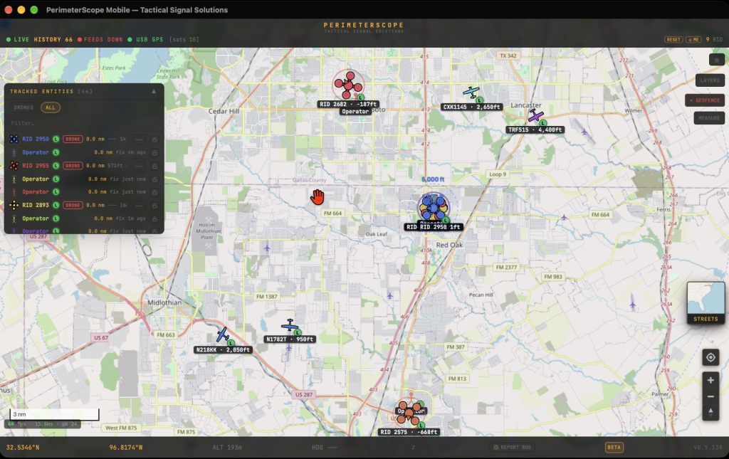 PerimeterScope map near Red Oak, Texas showing several Remote ID drones with their operators and a few crewed aircraft.