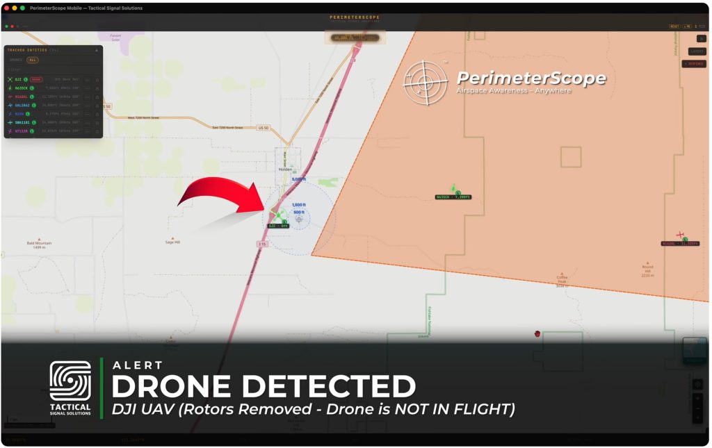 PerimeterScope alert at the edge of the Wild Goose Fire TFR in Utah, showing a test drone with its rotors removed and tracked aircraft